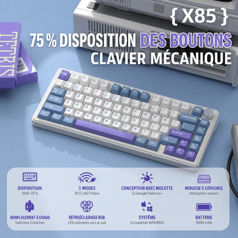 Clavier Gamer Sans Fil Blanc Violet - La Planète Gaming