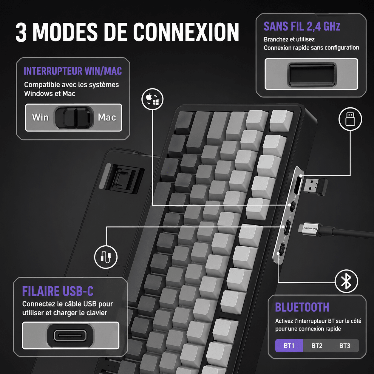 Clavier Gamer Sans Fil Rose Noir Dégradé - La Planète Gaming