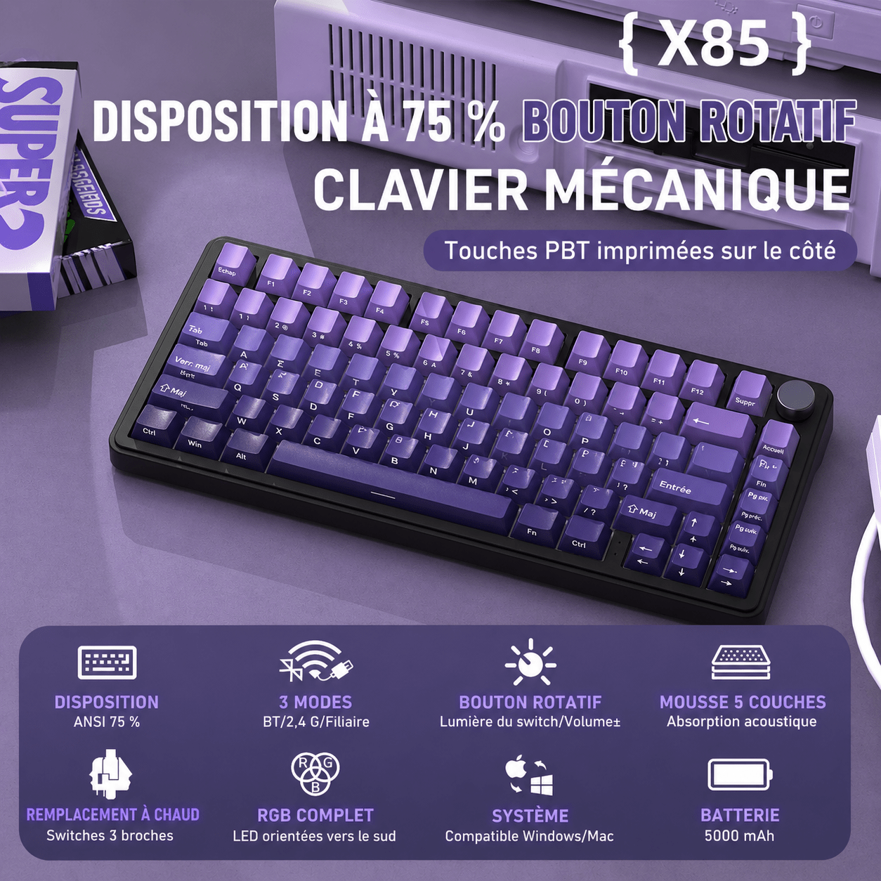 Clavier Gamer Sans Fil Violet Dégradé - La Planète Gaming